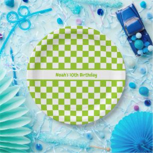Assiettes En Carton Vert Citron Motif à Carreaux Personnalisé