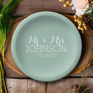 Assiettes En Carton Vert de menthe de couleur solide - M. et Mme