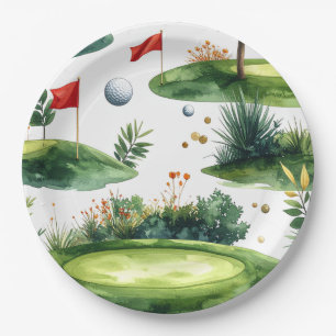 Assiettes En Carton Vert de putting de golf avec drapeau rouge