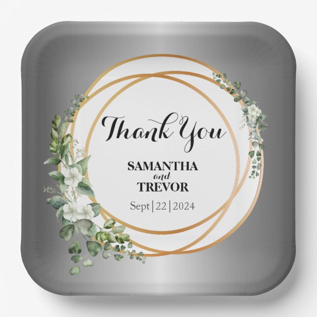 Assiettes En Carton Vert doré : Autocollant Botanique Personnalisé (Recto)