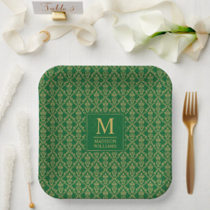 Assiettes En Carton Vert émeraude et or, motif damassé sans couture
