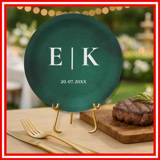 Assiettes En Carton Vert Émeraude | Monogramme (Créateur téléchargé)