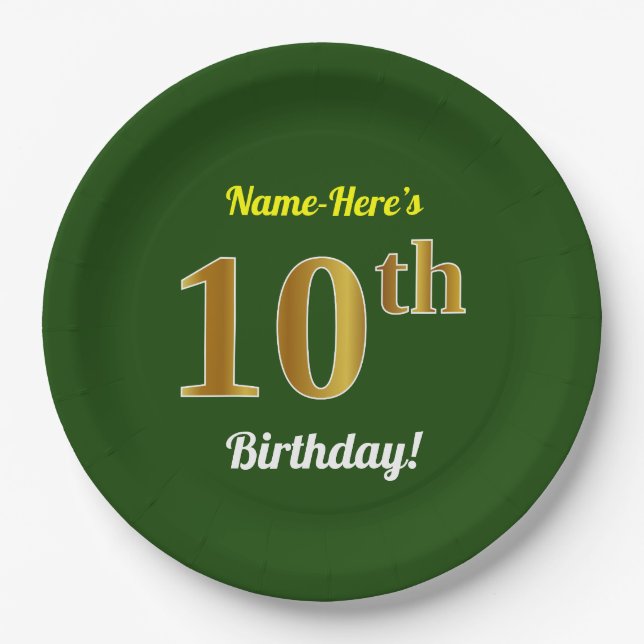 Assiettes En Carton Vert, Faux Gold 10e anniversaire + Nom personnalis (Devant)