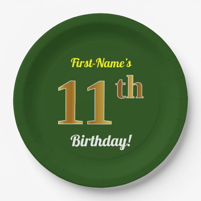Assiettes En Carton Vert, Faux Gold 11e anniversaire + Nom personnalis (Devant)