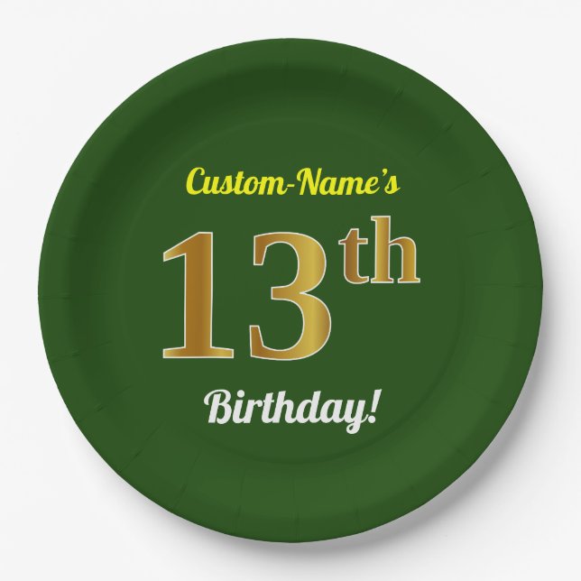 Assiettes En Carton Vert, Faux Gold 13e anniversaire + Nom personnalis (Devant)