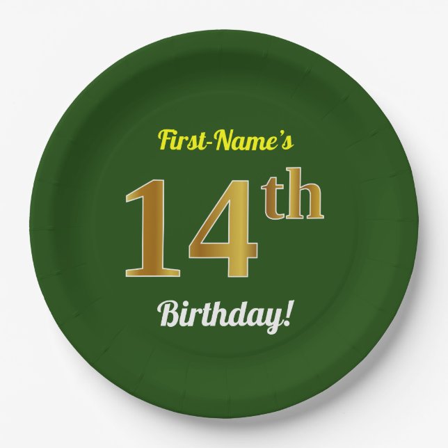 Assiettes En Carton Vert, Faux Gold 14e anniversaire + Nom personnalis (Devant)