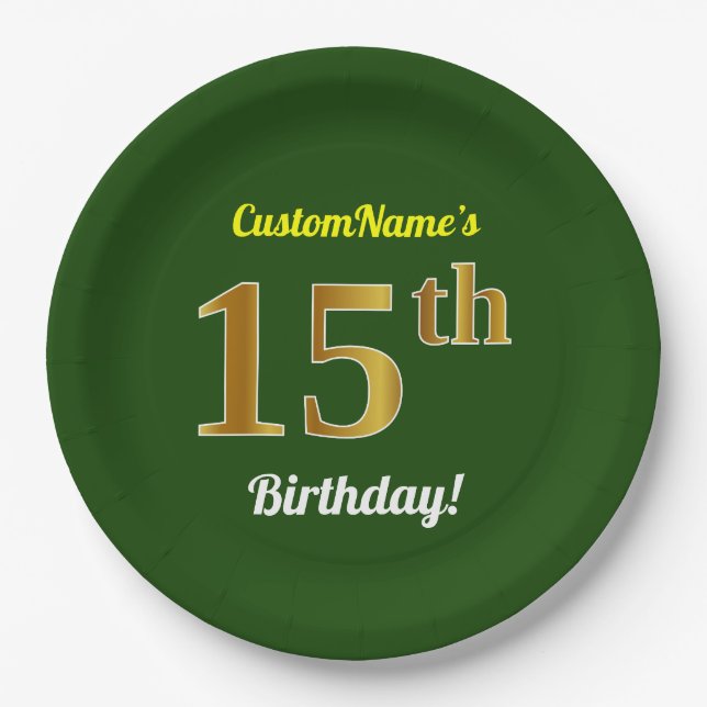 Assiettes En Carton Vert, Faux Gold 15e anniversaire + Nom personnalis (Devant)