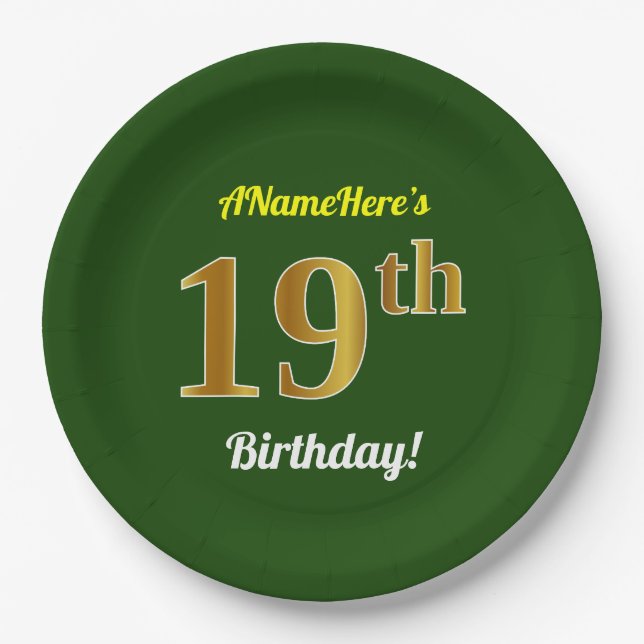 Assiettes En Carton Vert, Faux Gold 19e anniversaire + Nom personnalis (Devant)
