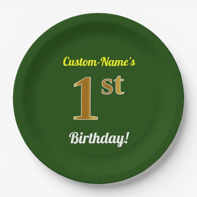 Assiettes En Carton Vert, Faux Gold 1er anniversaire + Nom personnalis (Devant)