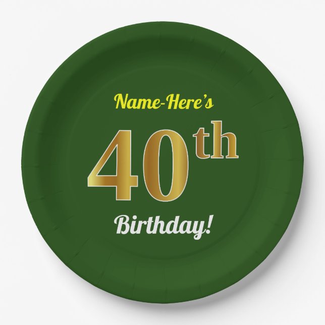 Assiettes En Carton Vert, Faux Gold 40e anniversaire + Nom personnalis (Devant)
