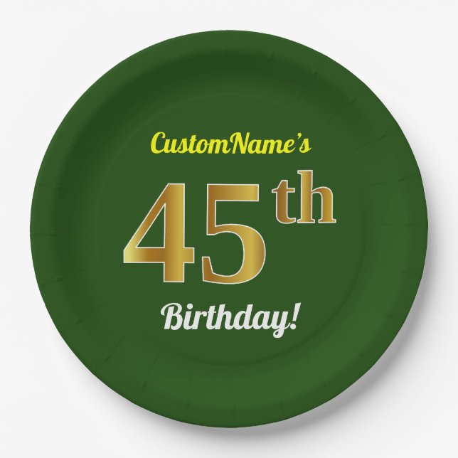 Assiettes En Carton Vert, Faux Gold 45e anniversaire + Nom personnalis (Devant)