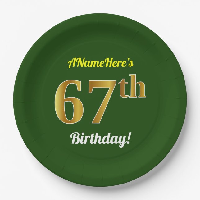 Assiettes En Carton Vert, Faux Gold 67e anniversaire + Nom personnalis (Devant)
