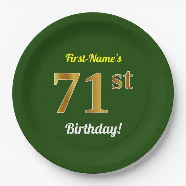 Assiettes En Carton Vert, Faux Gold 71e anniversaire + Nom personnalis (Devant)