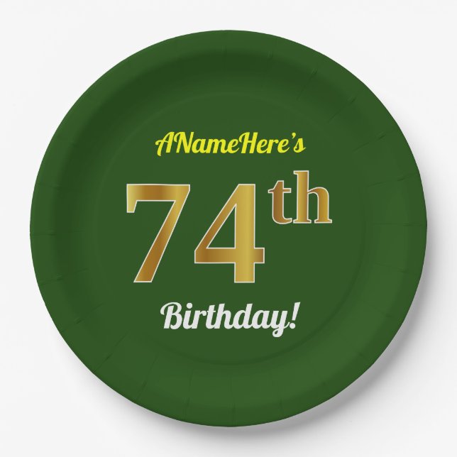 Assiettes En Carton Vert, Faux Gold 74e anniversaire + Nom personnalis (Devant)