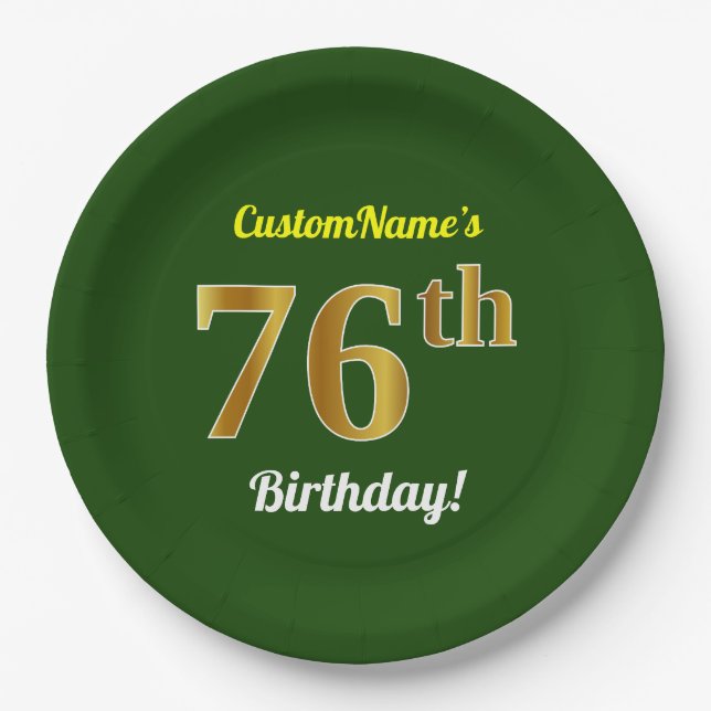 Assiettes En Carton Vert, Faux Gold 76e anniversaire + Nom personnalis (Devant)