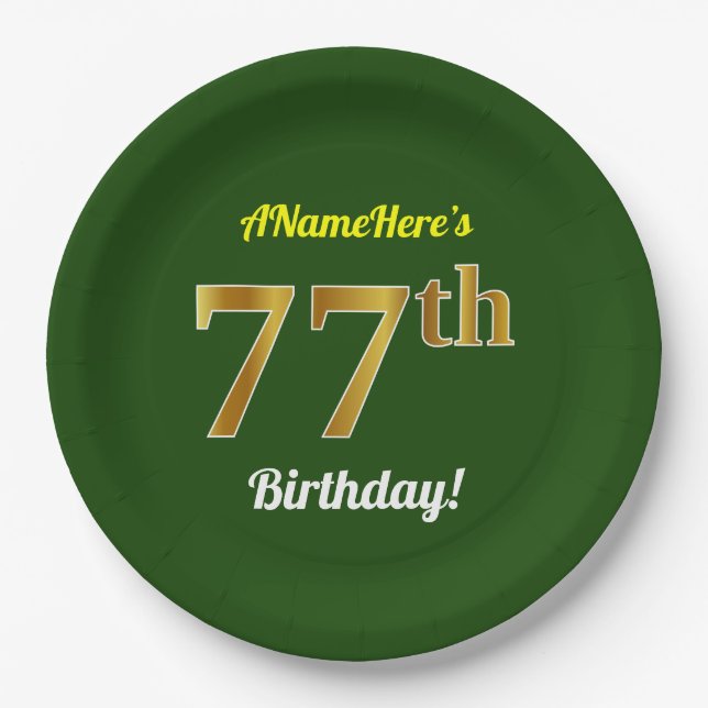 Assiettes En Carton Vert, Faux Gold 77e anniversaire + Nom personnalis (Devant)