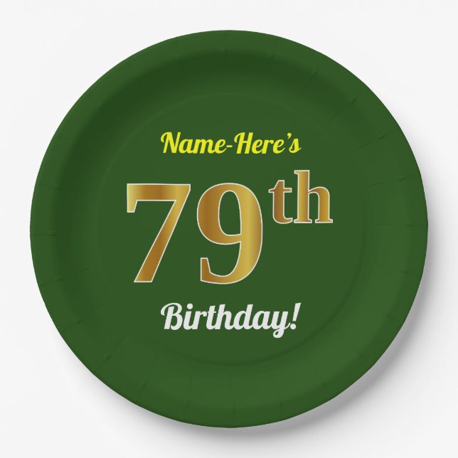Assiettes En Carton Vert, Faux Gold 79e anniversaire + Nom personnalis (Devant)