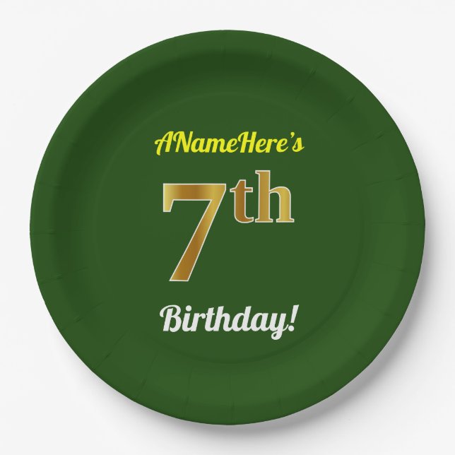 Assiettes En Carton Vert, Faux Gold 7e anniversaire + Nom personnalisé (Devant)