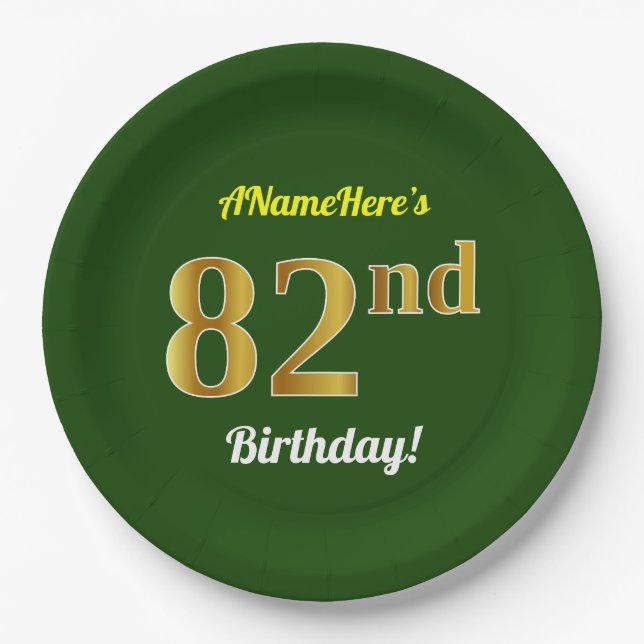 Assiettes En Carton Vert, Faux Gold 82e anniversaire + Nom personnalis (Devant)