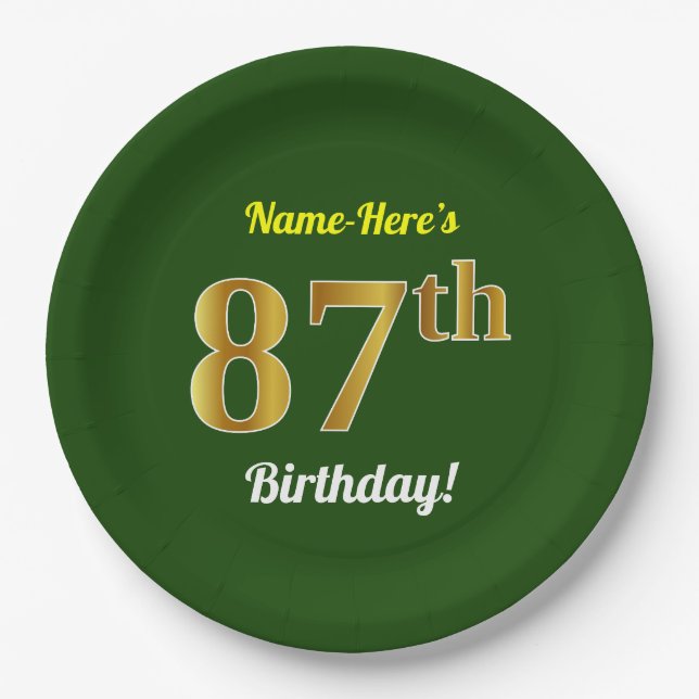 Assiettes En Carton Vert, Faux Gold 87e anniversaire + Nom personnalis (Devant)