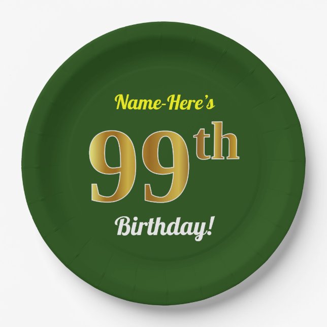 Assiettes En Carton Vert, Faux Gold 99e anniversaire + Nom personnalis (Devant)