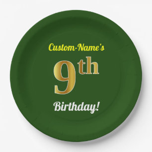 Assiettes En Carton Vert, Faux Gold 9e anniversaire + Nom personnalisé