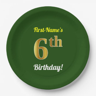 Assiettes En Carton Vert, Faux Or 6ème anniversaire + Nom personnalisé