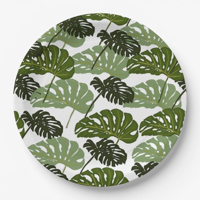 Assiettes En Carton Vert feuille de monstère tropicale  (Devant)