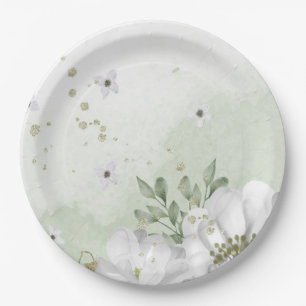 Assiettes En Carton vert fleur blanc feuille sauge vert