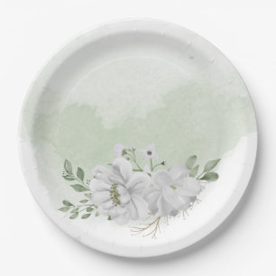 Assiettes En Carton vert fleur blanc feuille sauge vert