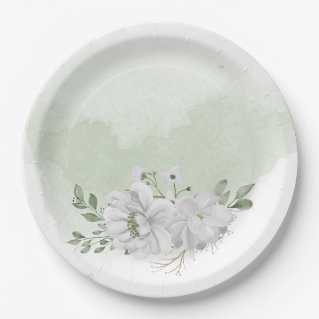 Assiettes En Carton vert fleur blanc feuille sauge vert (Devant)