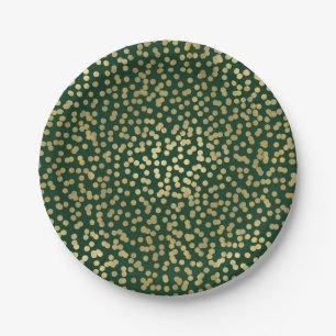 Assiettes En Carton Vert foncé et or Points Confettis Élégant Glamour