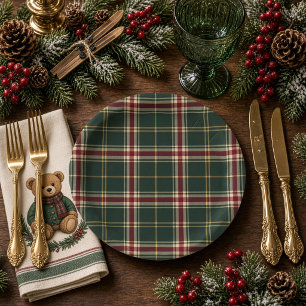 Assiettes En Carton Vert forêt Bourgogne Tartan Ski Lodge Anniversaire