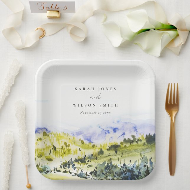 Assiettes En Carton Vert Jaune Aquarelle Campagne Hills Weddin (Mariage)