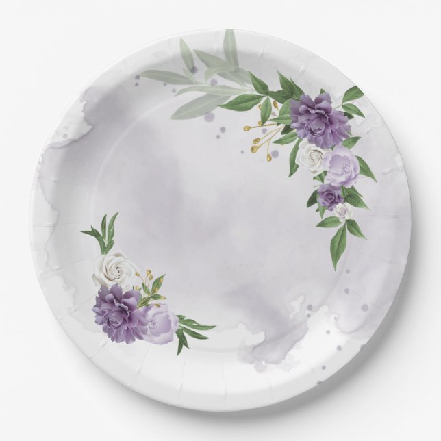 Assiettes En Carton vert mauve blanc fleuri (Devant)