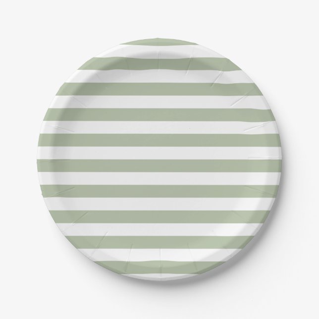 Assiettes En Carton Vert sauge clair et rayures blanches (Devant)