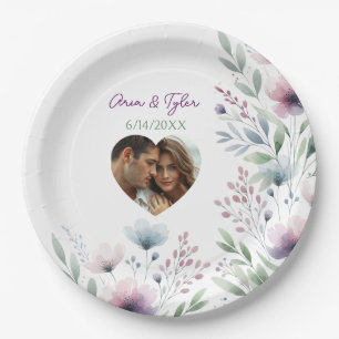 Assiettes En Carton Vert sauge et mariage botanique violet prune