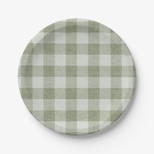 Assiettes En Carton Vert sauge Gingham Vichy Lin Texture