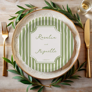 Assiettes En Carton Vert sauge rayures vintage mariage personnalisé
