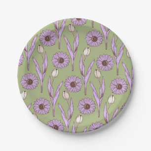 Assiettes En Carton Vert violet rétro Y2K Funky Hippie Flower Motif