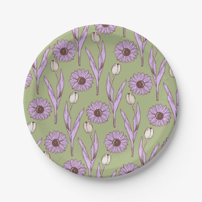 Assiettes En Carton Vert violet rétro Y2K Funky Hippie Flower Motif (Devant)