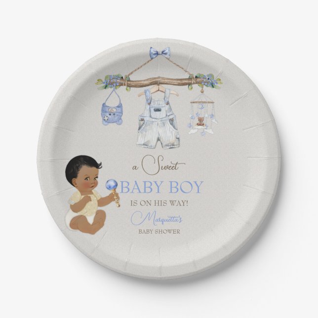Assiettes En Carton Vêtements de bébé Baby shower de garçon bleu ivoir (Devant)