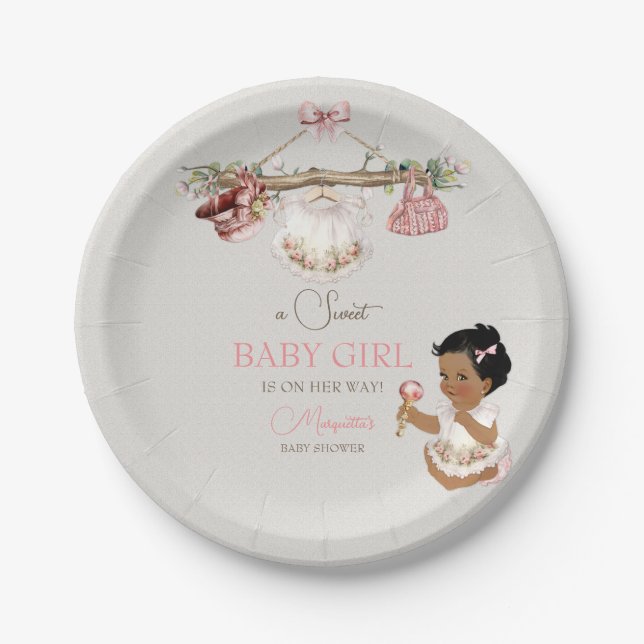Assiettes En Carton Vêtements pour bébé Baby shower pour fille rose iv (Devant)