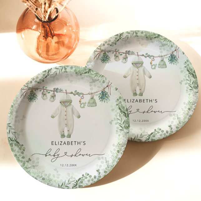 Assiettes En Carton Vêtements pour bébés Baby shower Boho Eucalyptus (Créateur téléchargé)