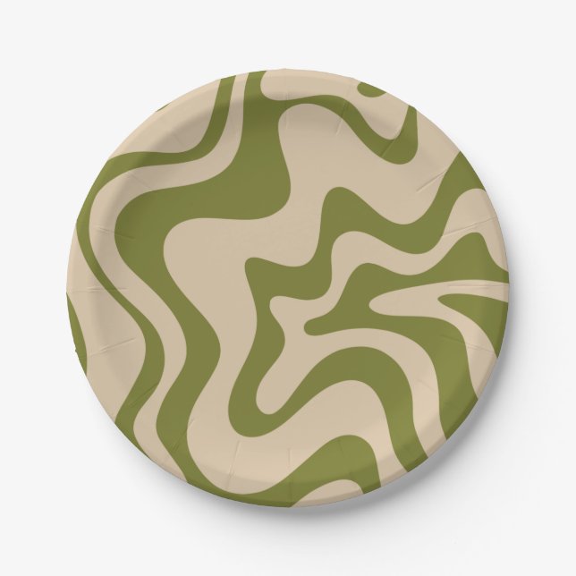 Assiettes En Carton Vibe Liquid Motif de torse rétro en vert olive (Devant)