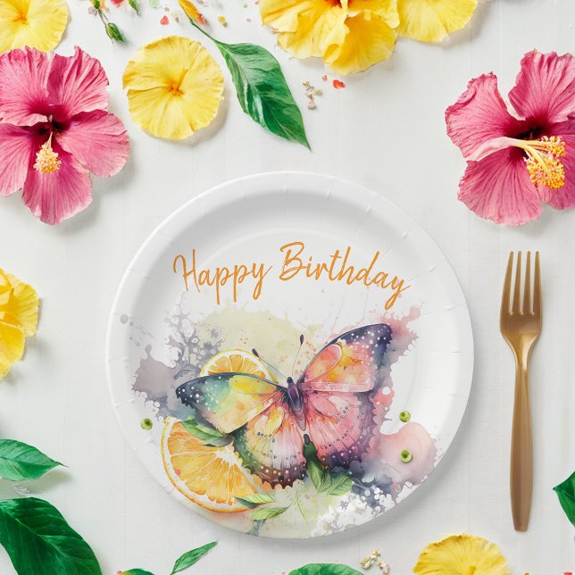 Assiettes En Carton Vibes d'été Aquarelle papillon - Joyeux anniversai (Créateur téléchargé)