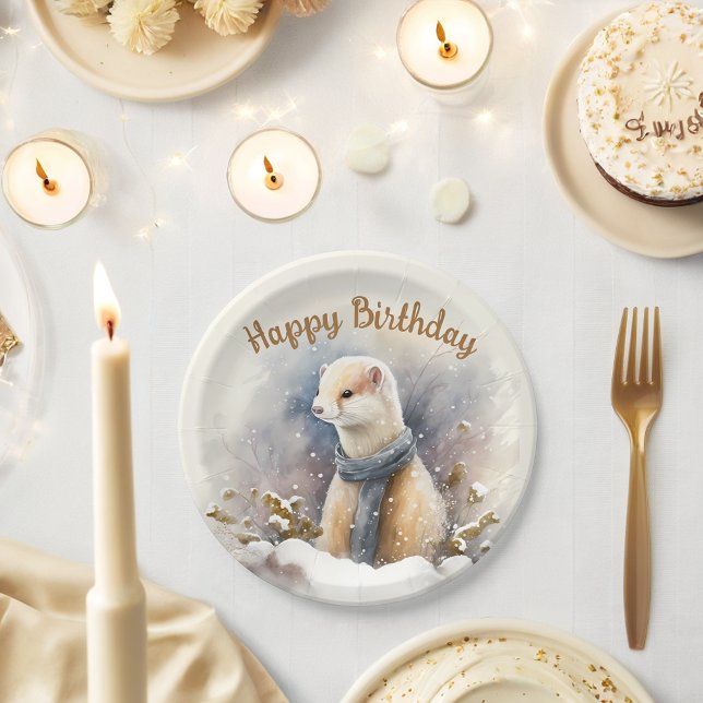 Assiettes En Carton Vibes d'hiver Aquarelle Ermine - fête d'anniversai (Créateur téléchargé)