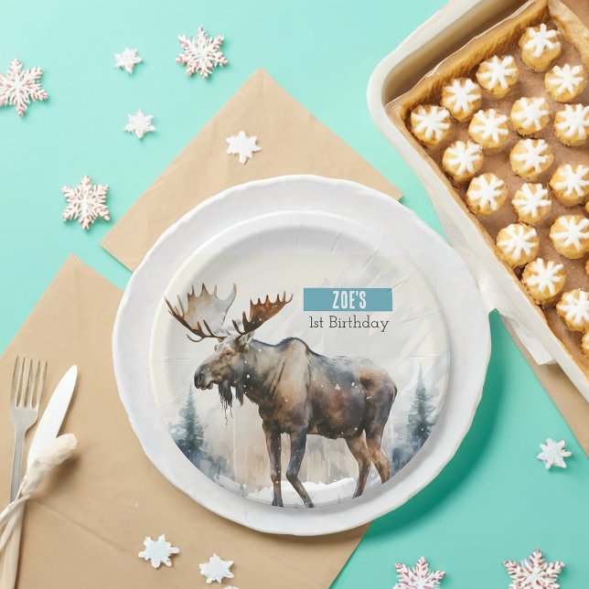 Assiettes En Carton Vibes d'hiver Moose - fête d'anniversaire - (Créateur téléchargé)