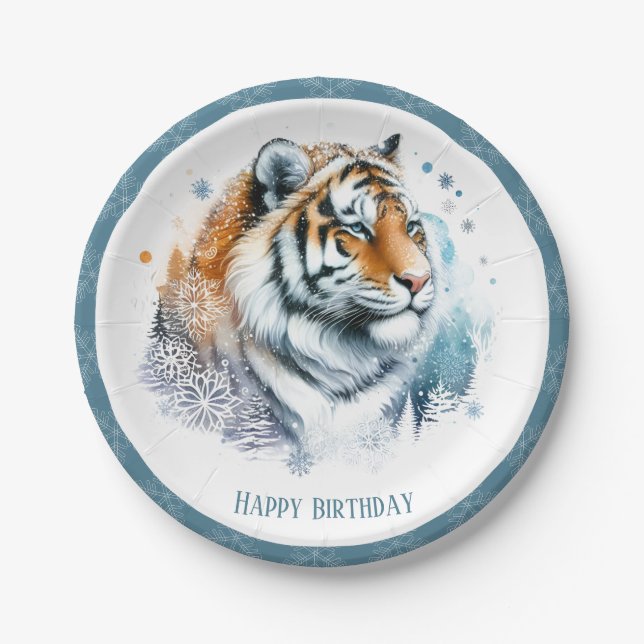 Assiettes En Carton Vibes d'hiver Paysage neigeux Tiger Anniversaire (Devant)