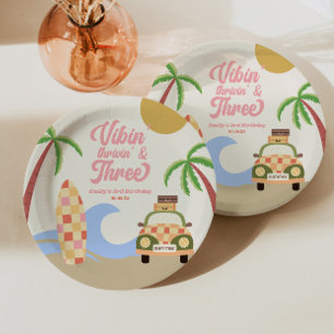 Assiettes En Carton Vibin' & Three Surf Board Rose 3ème Anniversaire